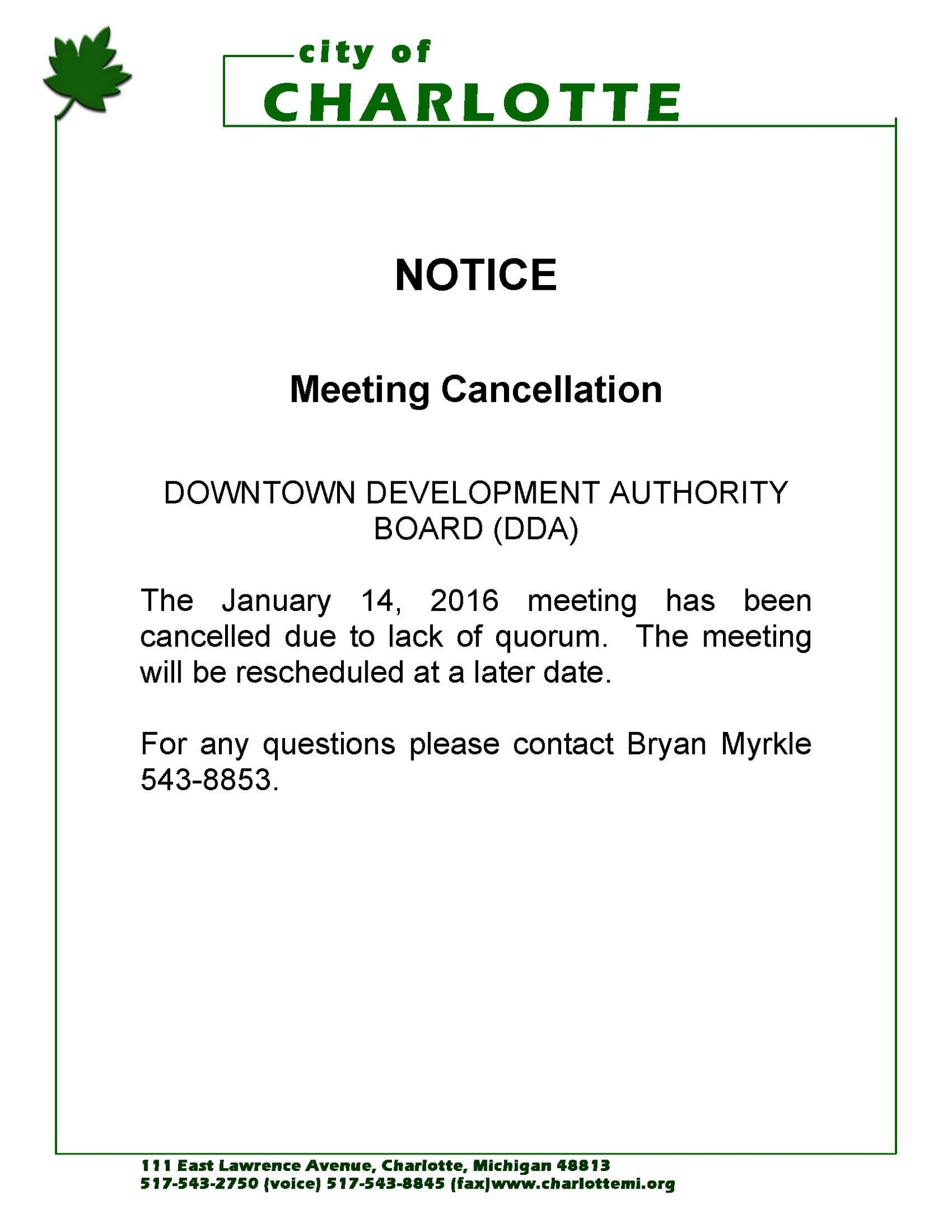 Notice Of Meeting Cancellation For The Downtown Development Authority Within Massage Cancellation Policy Template